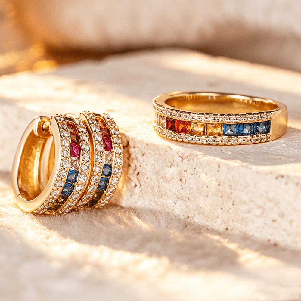 3pc Elegant Inlay Colored Zirconia Earrings and Rings Set for Parties